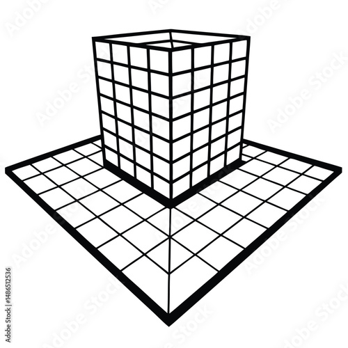 3D Cube Model: Isometric Projection, Grid, Wireframe Coloring Page
