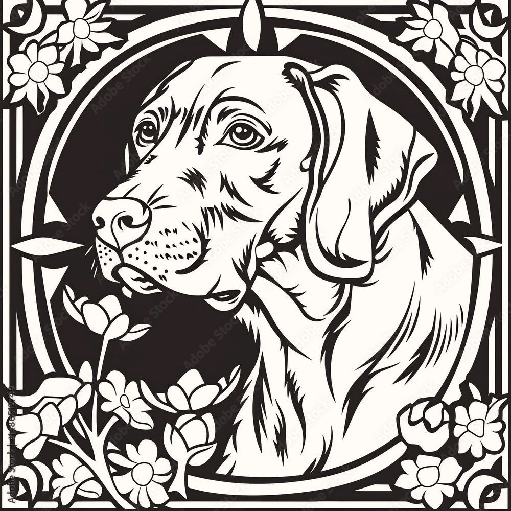 Fototapeta premium A striking black and white illustration of a dog in profile, its fur detailed and ears perked up, set against an ornate frame with floral motifs, evoking elegance and sophistication.