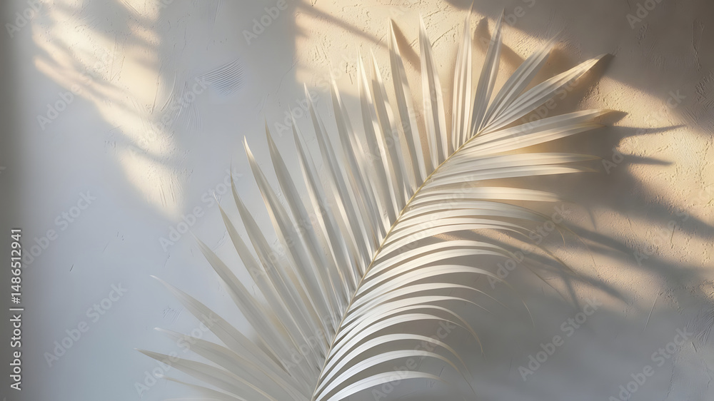 Fototapeta premium Elegant palm frond casting shadows on textured wall creating serene aesthetic backgrounds