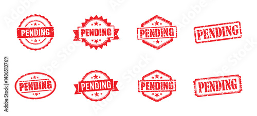 set of red pending stamp, vintage grunge indicators for awaiting approval and process continuation
