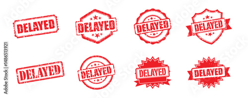 set of red delayed stamp, vintage grunge notices for schedule adjustments and status updates
