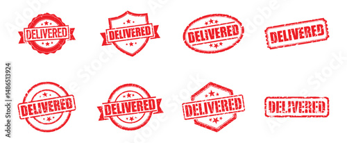 Set of red delivered Stamp, vintage grunge confirmations for shipment arrival and receipt verification