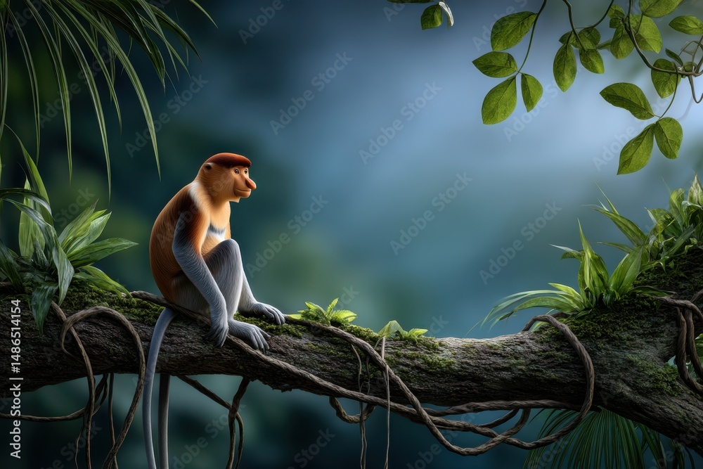 Fototapeta premium Majestic primate resting on a branch in a lush jungle surrounded by vibrant greenery at dusk