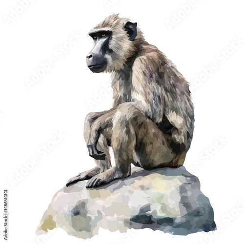 Baboon Sitting On A Rock, watercolor drawing vector, high quality, isolated on a white background.