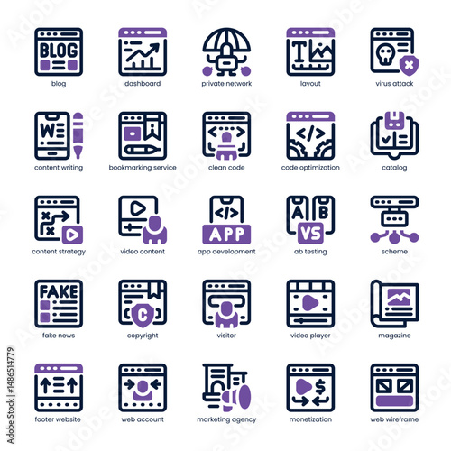 Blog Management Icon pack for your website, mobile, presentation, and logo design. Blog Management Icon dual tone design. Vector graphics illustration and editable stroke.