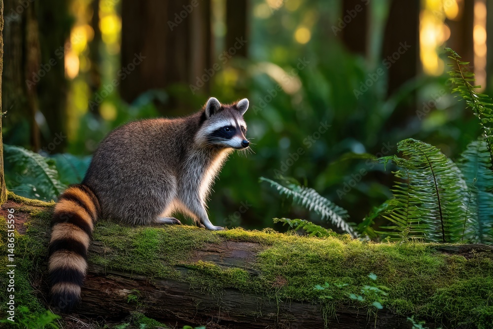 Fototapeta premium Raccoon sits quietly on a mossy log in a lush forest at sunset, illuminated by golden rays filtering through the trees