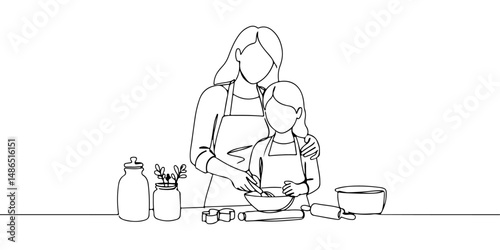 Continuous one line drawing of mother and daughter making cake together in the kitchen, representing the special moment of Mother's Day, line art style vector illustration.