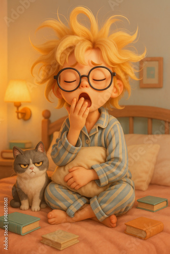 Child with messy hair in pajamas yawns while sitting in bed with a cat surrounded by books in a cozy bedroom at morning