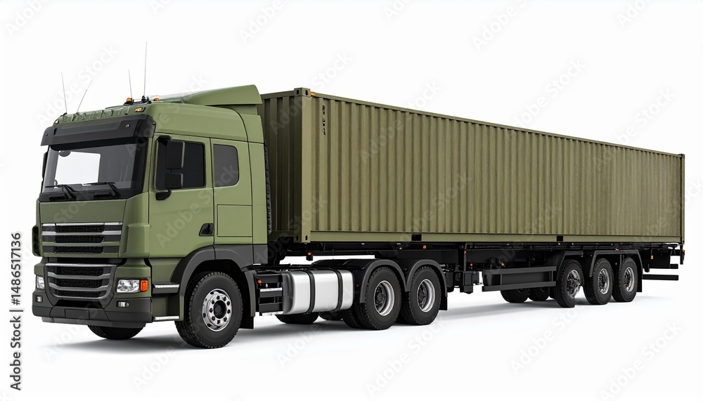 Obraz premium Side View Mockup of a Military Flatbed Truck with Container on White Background