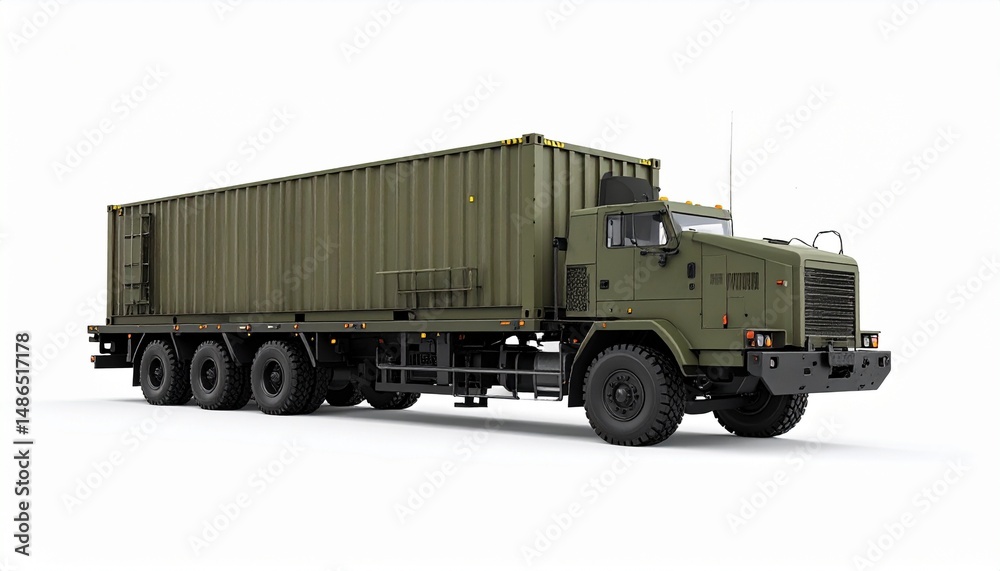 Obraz premium Side View Mockup of a Military Flatbed Truck with Container on White Background