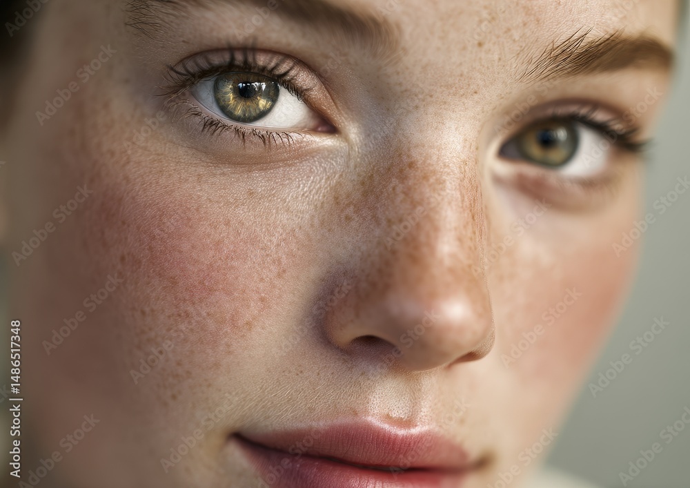 Obraz premium Close-up of a young woman with freckled skin and green eyes.
