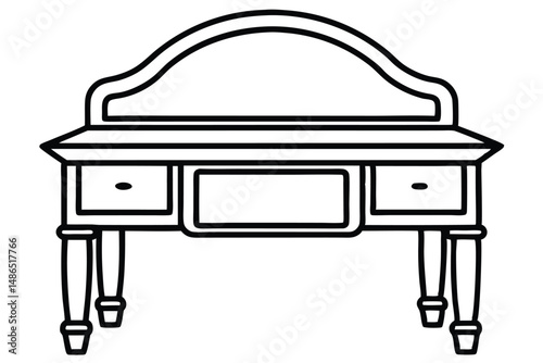 Outlined Antique Desk with Arched Back, Three Drawers, and Tapered Legs Illustration