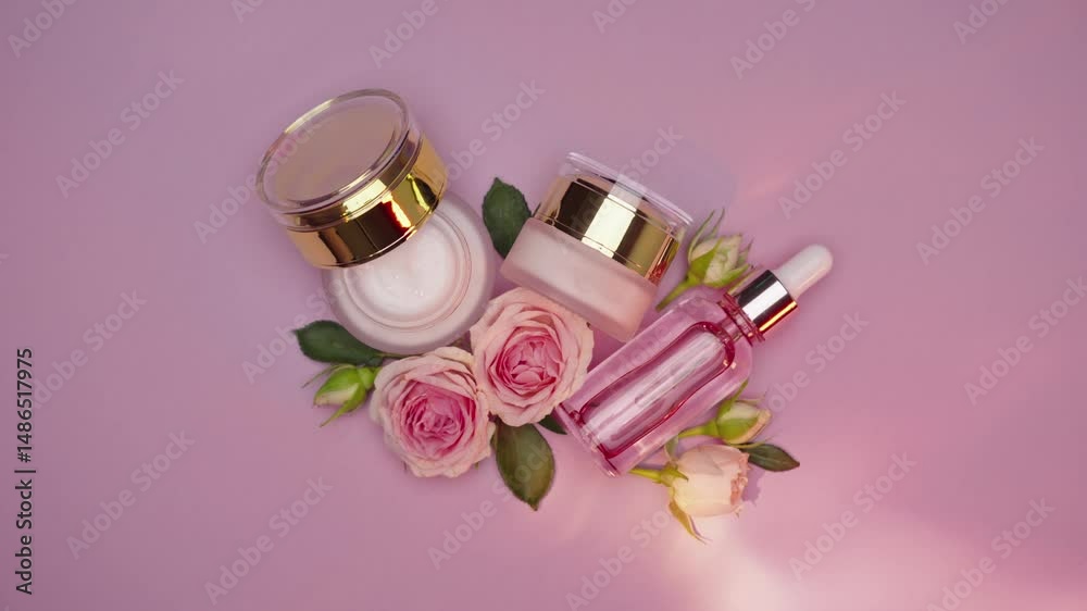 custom made wallpaper toronto digitalGlass serum bottle with collagen and jar anti-aging cream on pink background. Advertising of medical product for anti-aging care, moisturizing and cleansing