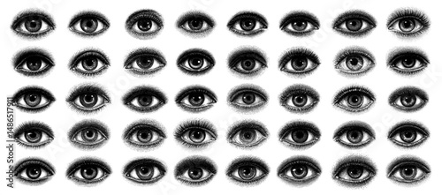 Unique Human Eyes set in Antique Anatomical Vintage Engraving Style in Black and White Representing Iris Variations and Study of Gaze