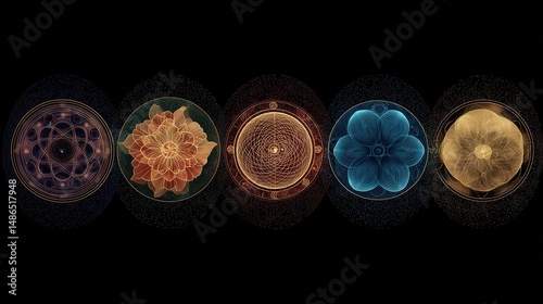 Abstract design of five interconnected circular patterns.