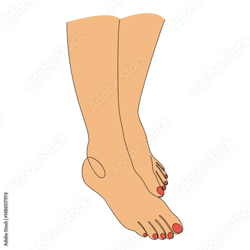 Silhouettes of human legs, feet in modern one line style. Red painted nails. Continuous line drawing, stickers, logo. Vector illustration.