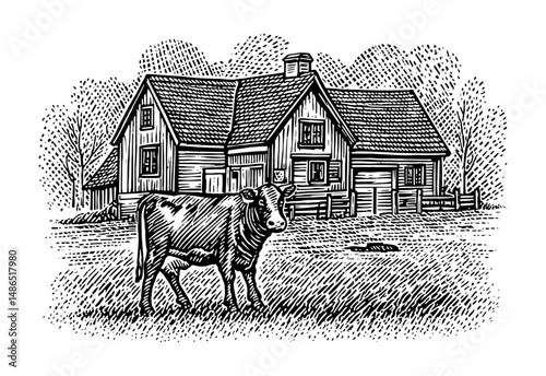 Standing farm cow with vintage rustic feel, representing dairy agriculture, in a field by a farmhouse.