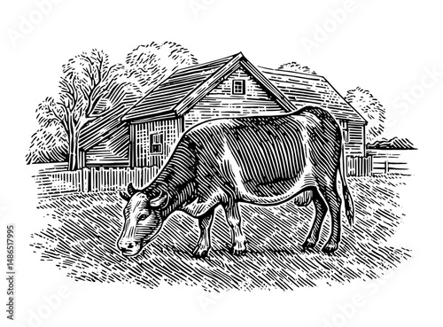Cow in Field Against Rustic Farmhouse Background, black and white vintage illustration