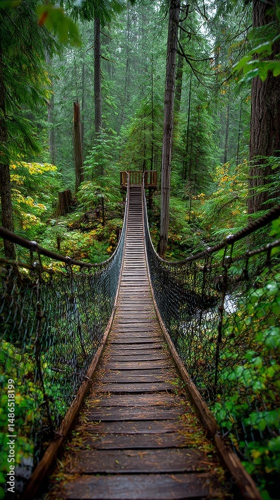 long wood hanging bridge in the middle of forest cross over stream in green lush nature landscape long wood hanging bridge in the middle of forest cross over stream in green lush nature landscape