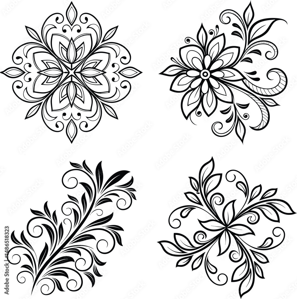 Fototapeta premium Four floral designs in black and white featuring intricate patterns and elegant swirls on a white background