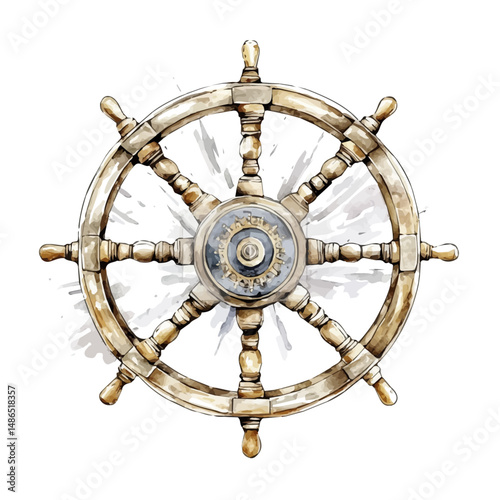 watercolor vector of Antique Ships Wheel With Brass Spokes, high quality, isolated on a white background.