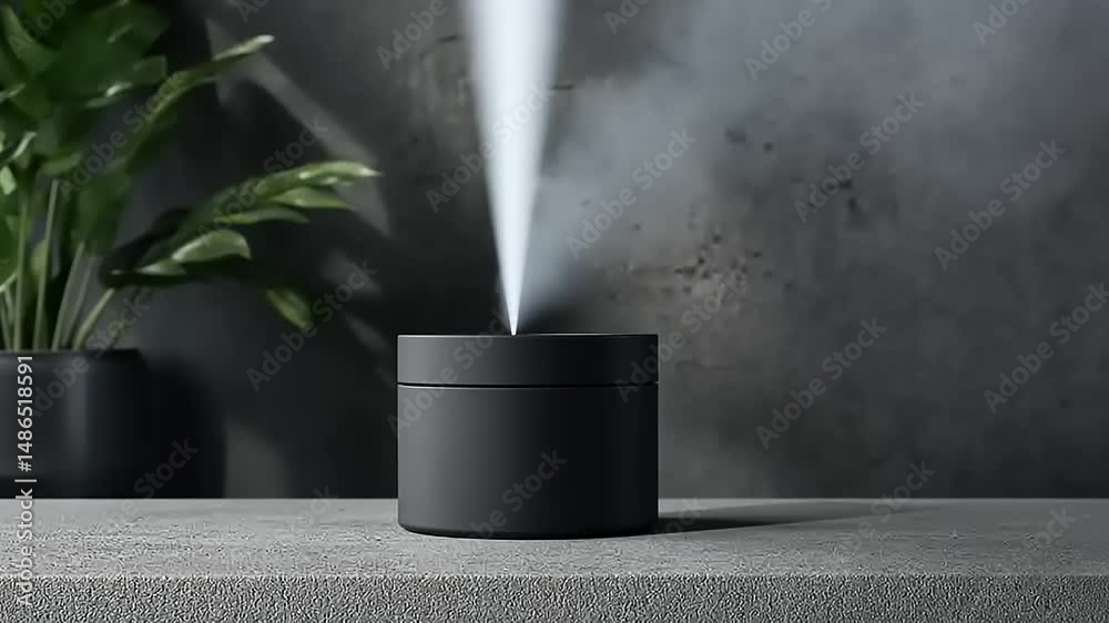 Modern diffuser releasing aromatic mist on a textured surface with greenery in the background