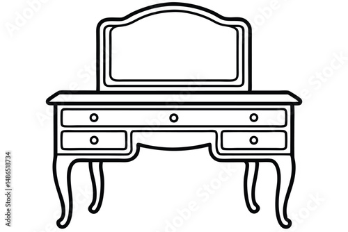 Line Art of Vanity Table with Mirror and Four Drawers in Black