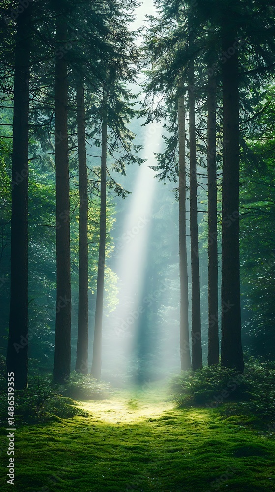 Obraz premium Sunlight piercing through a misty forest