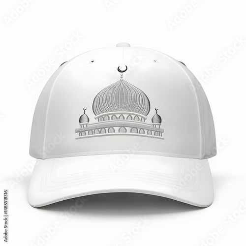 White baseball cap featuring embroidered islamic mosque with crescent moon design photo