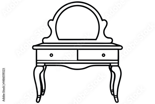 Line Art Illustration of an Antique Vanity with Mirror and Two Drawers