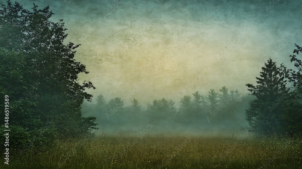 Fototapeta premium A forest edge with soft transition from grass to trees under soft sky