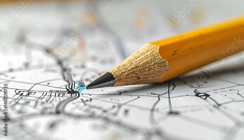 Yellow Pencil Pointing At Marked Location On A Detailed Map With Blurred Background