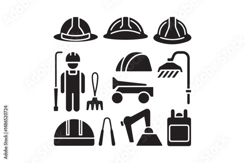 Construction Worker Icons Set Hard Hat Tools Equipment Vector Clipart