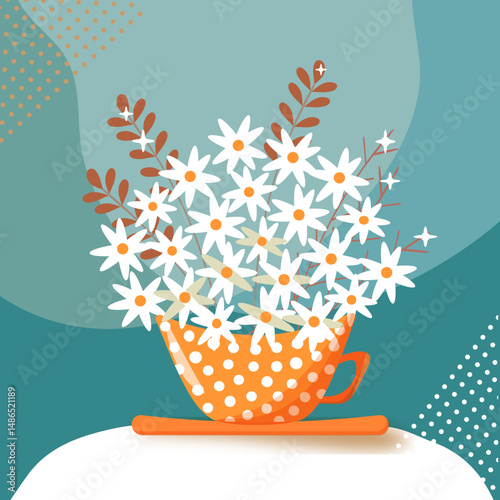 a cup with a camomile for cards, menu, posters.eps