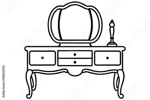 Elegant Vanity Table with Oval Mirror and Candle Holder Line Art Illustration