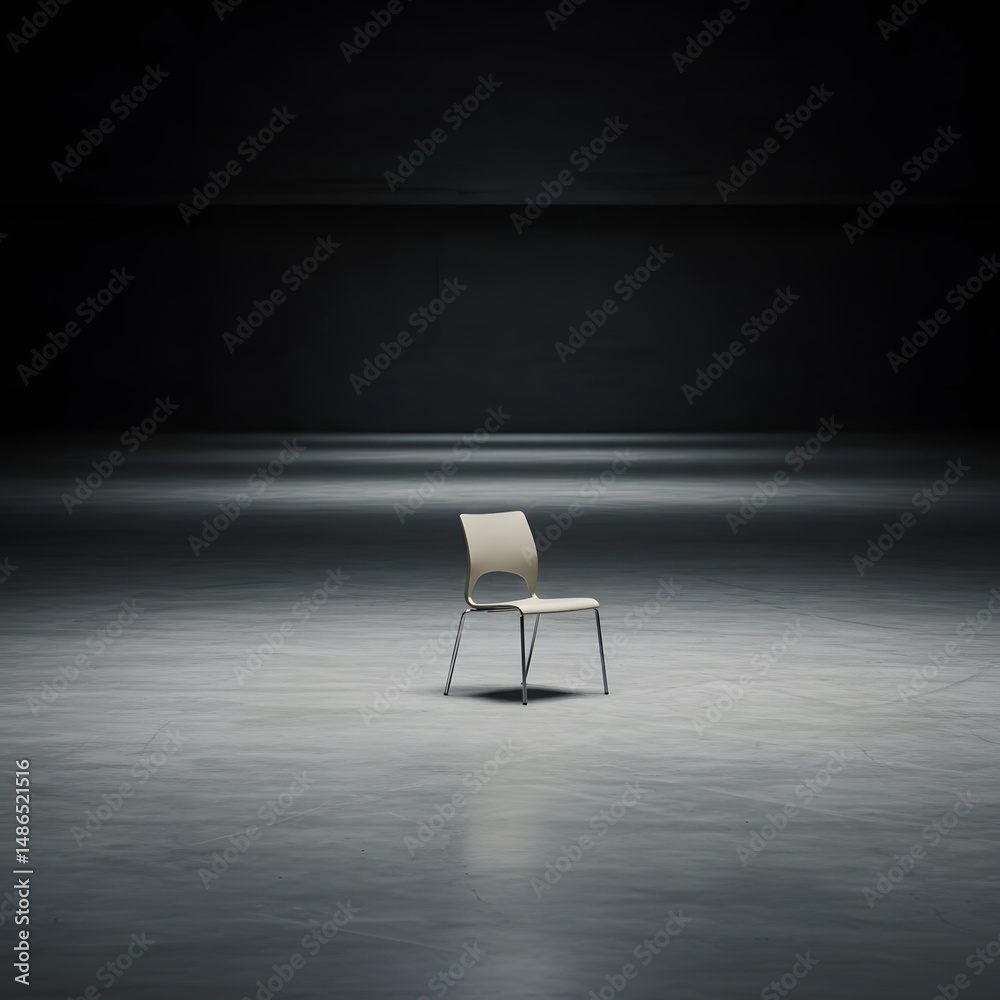 A single chair on a wide, empty concrete floor with soft lighting.