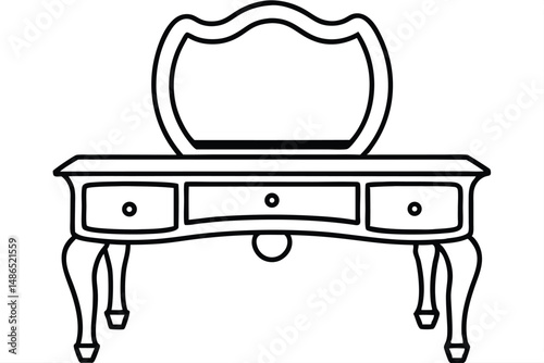 Line Art of a Vintage Vanity Table with Mirror and Three Drawers