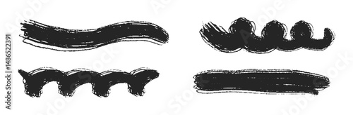 Chalk lines, pencil underlines, crayon stroke by pen, squiggly marker lines, brush scribbles. Vector black charcoal hand drawn sketch elements.