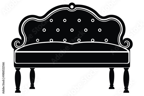 Elegant Black Silhouette of a Button Tufted Settee with Ornate Detailing and Legs
