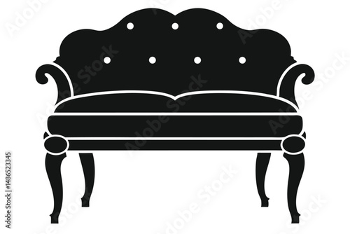 Elegant black settee with decorative buttons and cabriole legs silhouette illustration