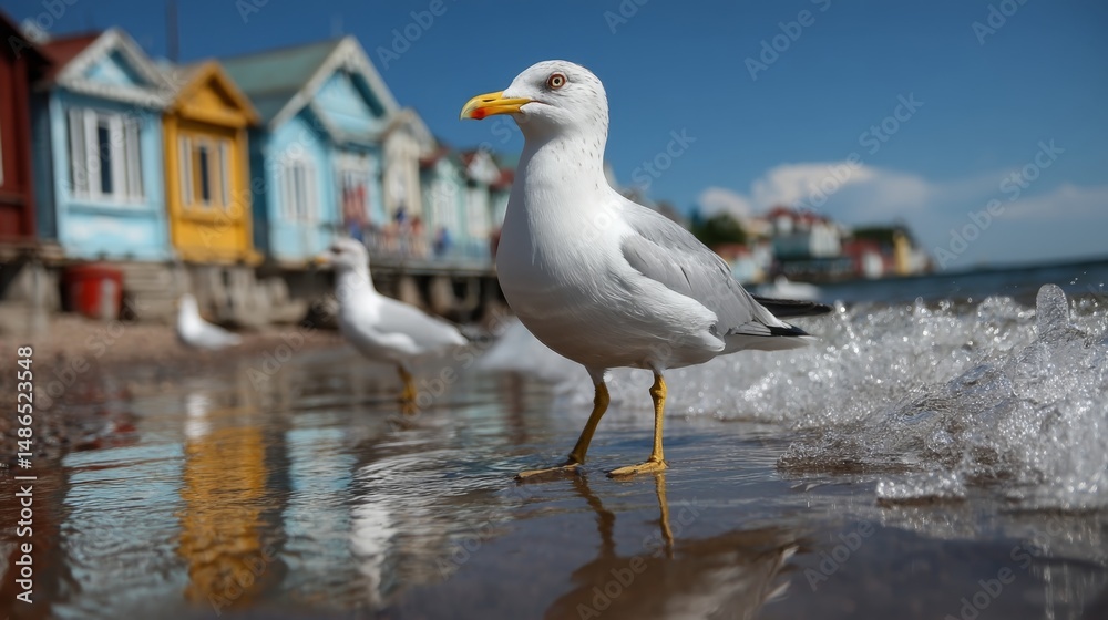 Obraz premium close up a seagull at shore with small fisherman village as background