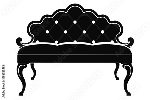 Luxurious Black Loveseat with Tufted Back and Ornate Legs Silhouette Illustration