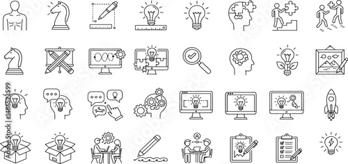 Creative Business Line Editable Icons set. Vector illustration in thin line modern style of creativity related icons: ideas, developments, innovations, design, and more.