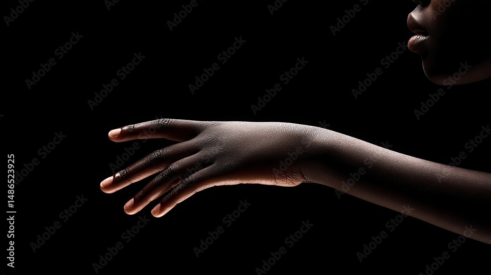 Fototapeta premium Profile view of a reaching hand against a dark background.