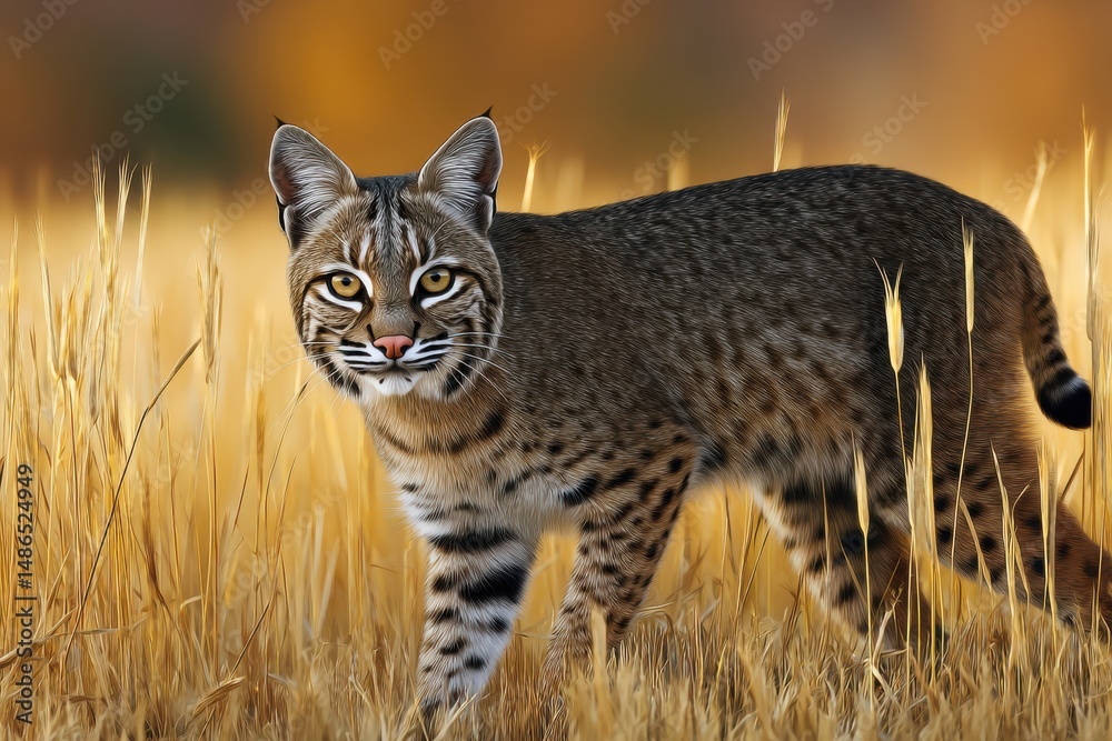 Obraz premium Bobcat roaming gracefully through golden grasses during early morning light in a serene wild landscape filled with natural beauty