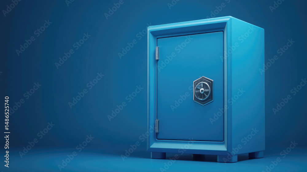 A stylized blue safe stands on a blue surface, emphasizing security A stylized blue safe stands on a blue surface, emphasizing security