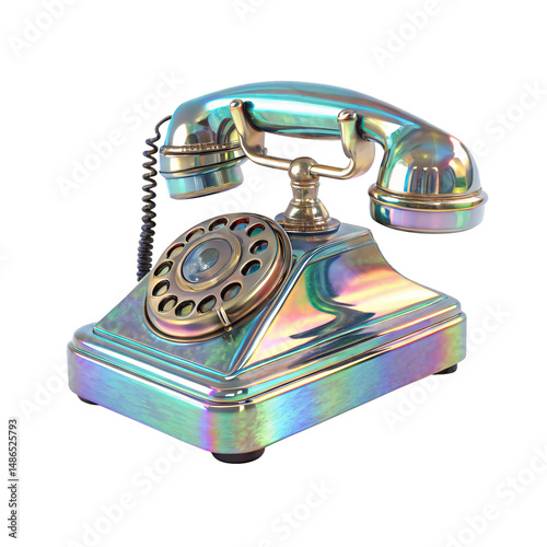iridescent vintage old phone, png transparent background
