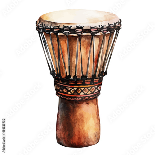 African Djembe Drum With Tribal Carvings, watercolor illustration vector, high quality, isolated on a white background.
