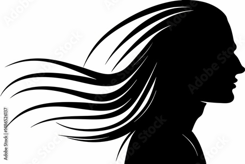 Woman silhouette with flowing hair evokes freedom and strength Artistic rendering in stark black and