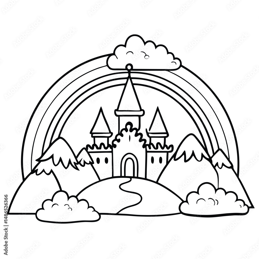 Naklejka premium Rainbow Castle Coloring Page: Printable Fantasy Mountain Castle Coloring Page